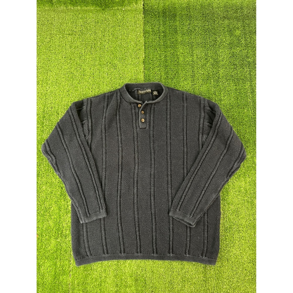 Structure Vintage Mens Dark Blue Ribbed Henley Sweater Ramie Cotton Blend Size M